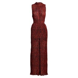Fancy Jumpsuit Pleated Wide Legs Halter Flattering Rust Red Black Open Back NEW